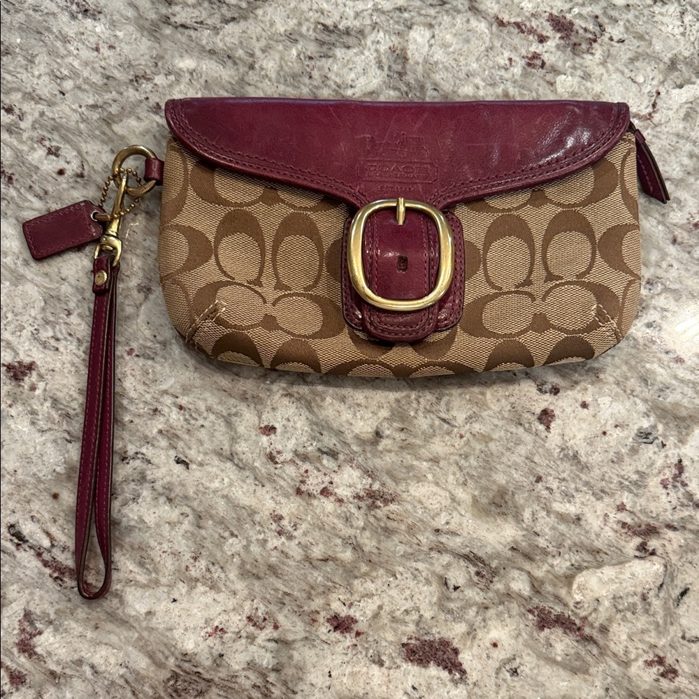 Coach Brown and Burgundy Signature Wristlet
